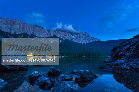 Eibsee lake and Zugspitze by night, Bavaria, Germany
