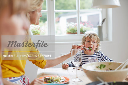 Mother feeding son at dining table