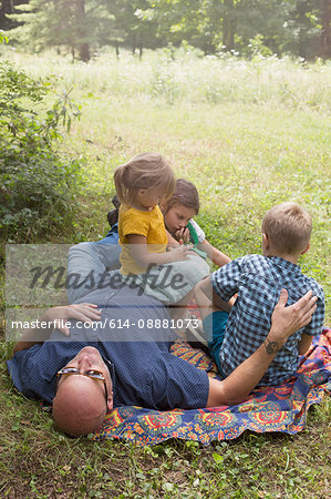 Father and children relaxing on blanket on grass