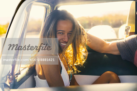 Road trip couple in parked truck