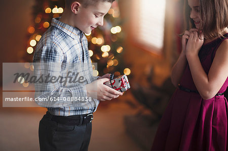 Brother and sister exchanging christmas gifts