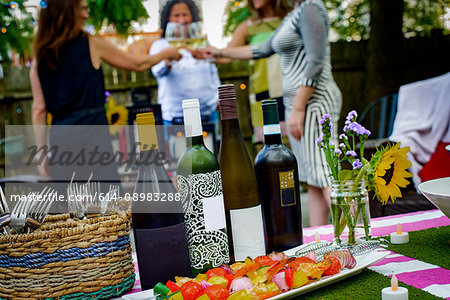 Group of women at garden party, holding wine glasses, making toast, wine bottles on table in foreground