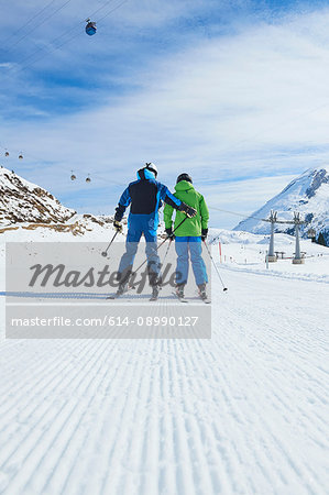 Father and son on skiing holiday, Hintertux, Tirol, Austria