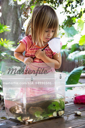 Girl looking into fishing net from plastic tadpole pond on garden