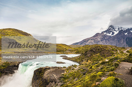 Waterfall in mountain landscape, Torres del Paine National Park, Chile