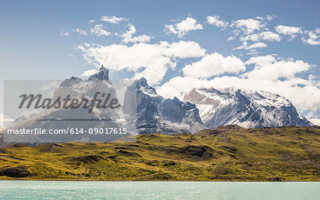 Landscape over Grey Lake and Cuernos del Paine, Torres del Paine national park, Chile