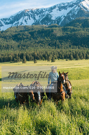 Teenage girl leading four horses by snow capped mountain, Enterprise, Oregon, United States, North America