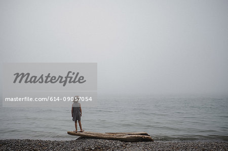 Girl standing on driftwood looking out to sea