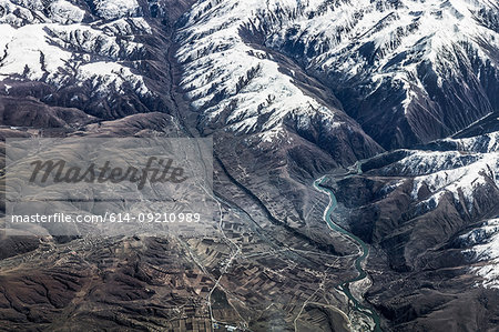 Aerial view of mountains, agriculture and road, Western China, East Asia