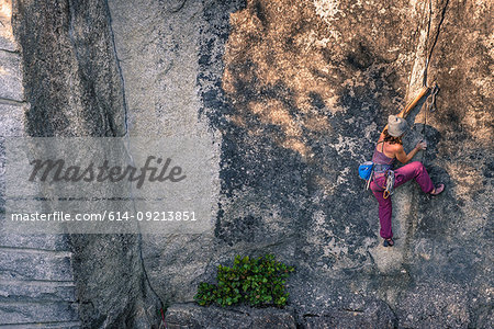 Young female rock climber climbing rock face, high angle view, Smoke Bluffs, Squamish, British Columbia, Canada