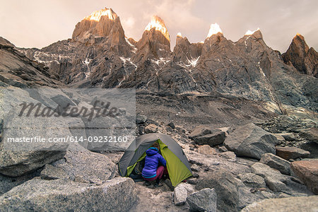 Rock climber camping in El Chaltén, south Patagonia, Argentina