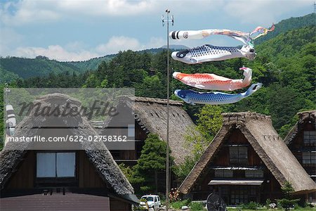 Carp Streamer in Front of Japanese Styled House in Japan