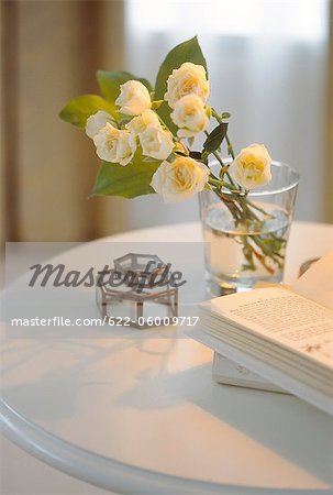 White Roses In Glass With Open Book On Table