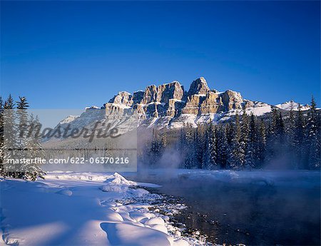 Castle Mountain and Bow river in winter