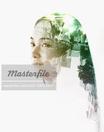 Double exposure of young woman and cityscape Double exposure of young woman and cityscape
