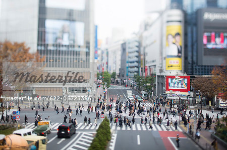 Tilt-shift bird's eye view of Shibuya, Tokyo, Japan