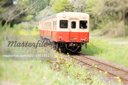 Tilt-shift view of Kominato Railway train, Chiba Prefecture, Japan