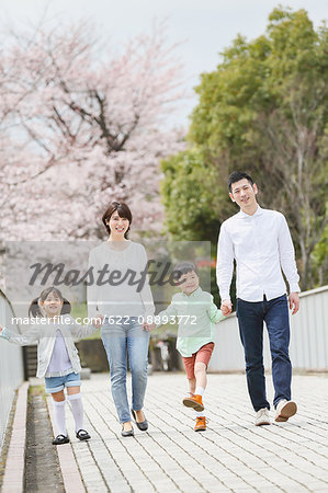 Japanese family with cherry blossoms in a city park