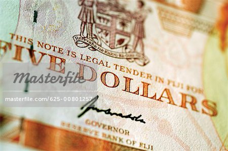 Extreme close-up of Fiji five dollar bank note