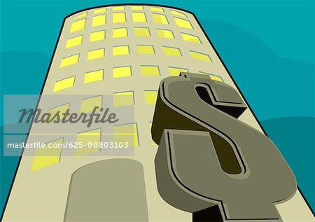 Dollar sign in front of a skyscraper