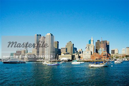 Passenger ship and boats in a river, Boston Harbor