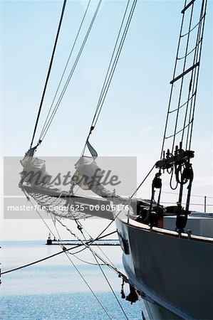 Close-up of the bow of a yacht moored at a harbor