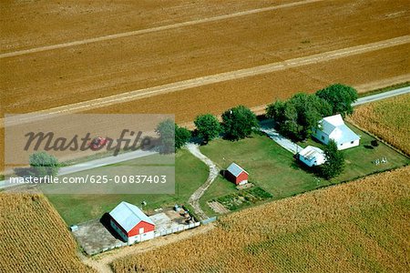 Aerial view of farms at harvest time in Clinton county, OH