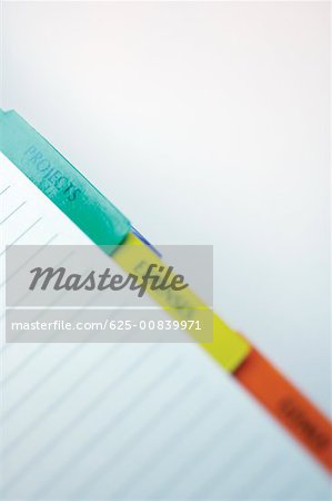 Close-up of colored tabs of a personal organizer