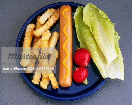 High angle view of a sausage with french fries and lettuce leaves on a plate