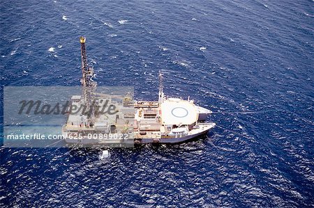 Aerial view of an oil drilling ship in the sea