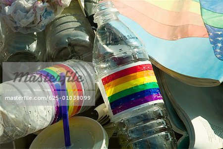 Close-up of bottles and magazines