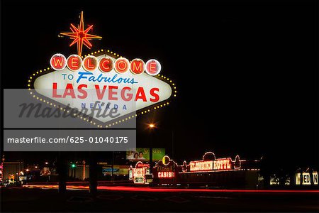 Welcome sign lit up at night, Las Vegas, Nevada, USA
