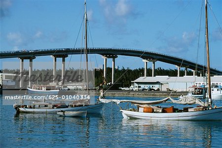 Side view of boats at a harbor on a sunny day, Bahamas