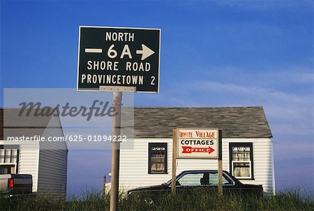 Sign board in front of a cottage, Cape Cod, Massachusetts, USA