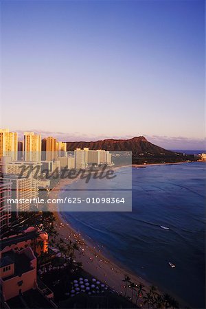 High angle view of buildings at the waterfront, Hawaii, USA