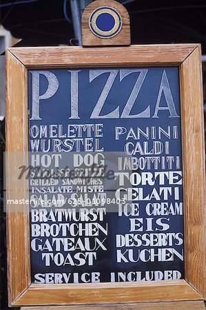 Close-up of a menu board, Italy