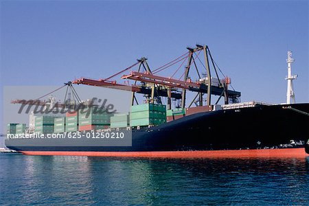 Container ship being loaded at the dock