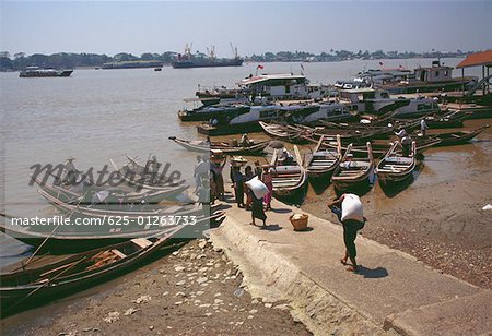 High angle view of rowboats moored in a river, Irrawaddy River, Yangon, Myanmar