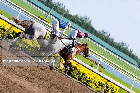 Side profile of two jockeys riding horses in a horse race