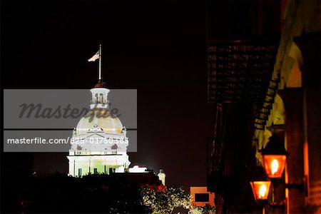 Government building lit up at night, Town Hall, Savannah, Georgia, USA