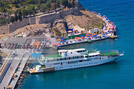 High angle view of a cruise ship moored at a harbor on an island, Ephesus, Turkey