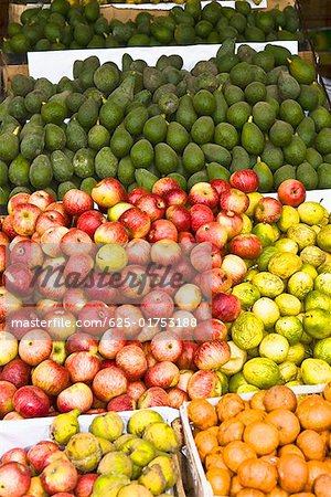 High angle view of assorted fruits at a market stall, Ica, Ica Region, Peru
