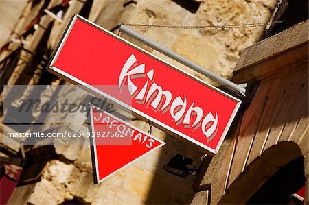 Low angle view of signboards in a street, Vieux Bordeaux, Bordeaux, France