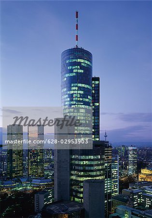 High-rise buildings in the evening, Frankfurt am Main, Hesse, Germany