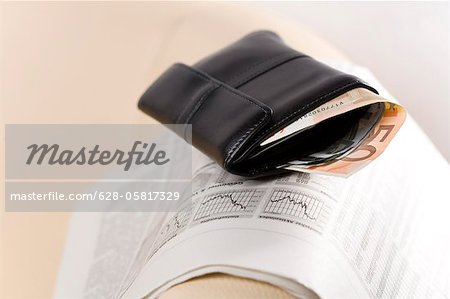 Wallet on financial newspaper, Germany