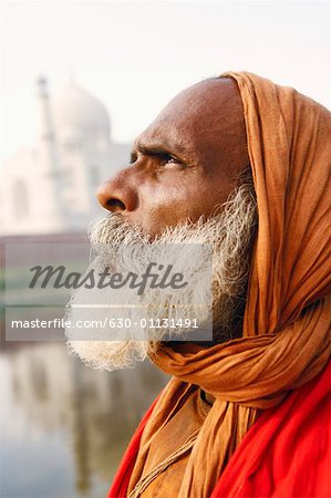 Close-up of a priest looking up, Taj Mahal, Agra, Uttar Pradesh, India