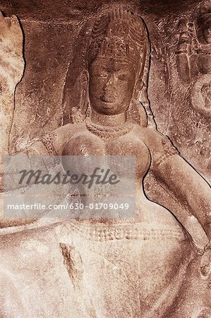 Close-up of a statue in a cave, Ellora, Aurangabad, Maharashtra, India