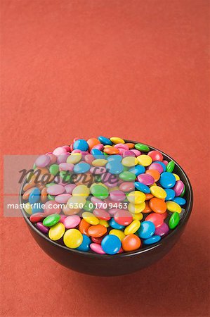 High angle view of a bowl filled with multi-colored candies