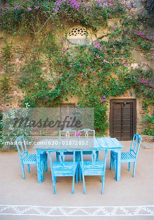 Dining table and chairs out side a house