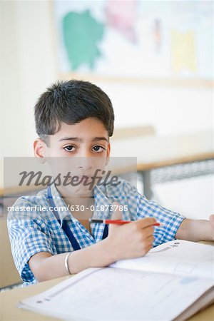 Portrait of a schoolboy holding a pencil and smirking